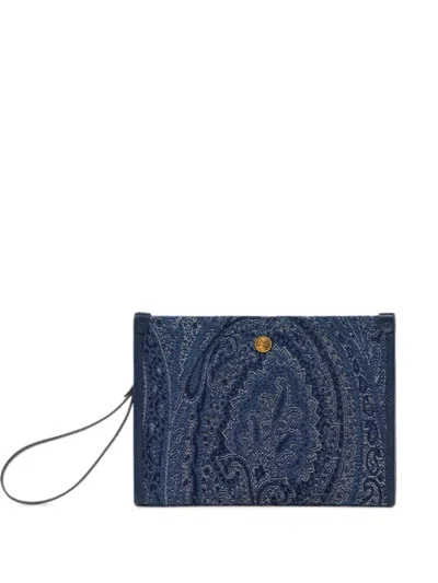 Etro Medium Jacquard Denim Pouch With Paisley Motif In Blue