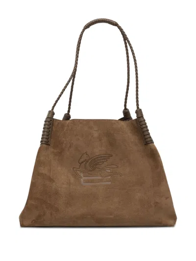 Etro Medium Libra Braided-handle Suede Tote Bag In Brown