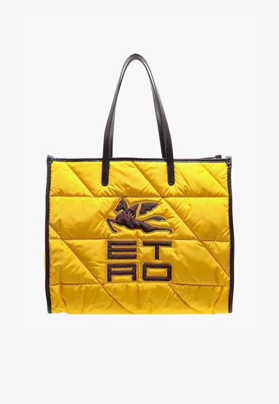 Etro Medium Logo Nylon Tote Bag In Yellow