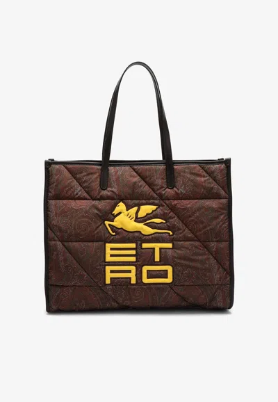 Etro Medium Paisley Nylon Tote Bag In Brown
