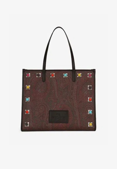 Etro Medium Paisley Shopping Bag With Stone Embellishment In Brown