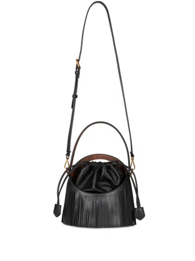Etro Medium Saturno Fringed Bucket Bag In Black