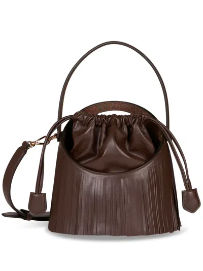 Etro Medium Saturno Fringed Bucket Bag In Brown