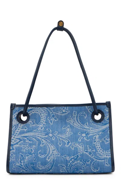 Etro Medium Shopper Bag Eyes In Denim Jacquard In Blue
