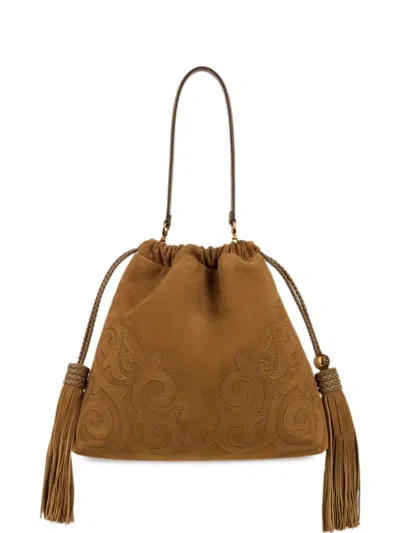 Etro Medium Suede Kalispera Bag With Patch And Tassels In Brown