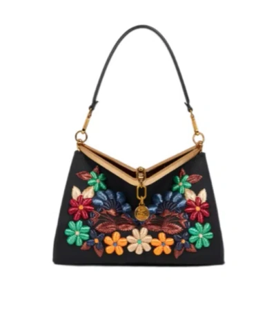 Etro Medium Vela Bag With Flowers In Black