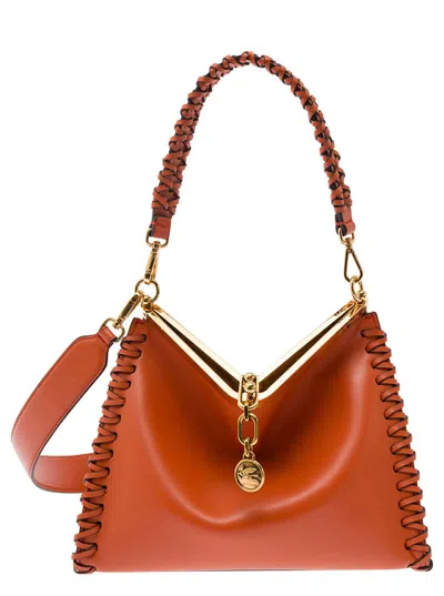 Etro Medium Vela Decorative Stitch Shoulder Bag In Brown