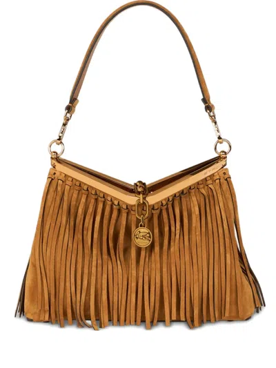 Etro Medium Suede Vela Bag With Fringing In Pattern