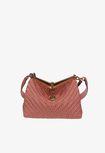 Etro Medium Vela Woven Leather Shoulder Bag In Pink