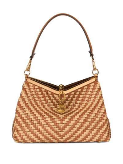 Etro Medium Vela Woven-leather Shoulder Bag In Neutral