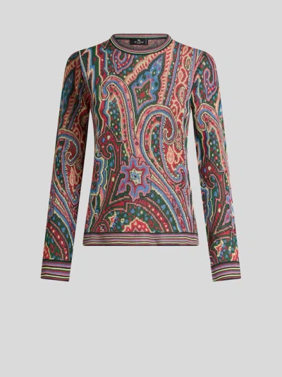 Etro , Multicoloured Paisley Jacquard Sweater, Woman, Light Blue, Size 46 In Hellblau