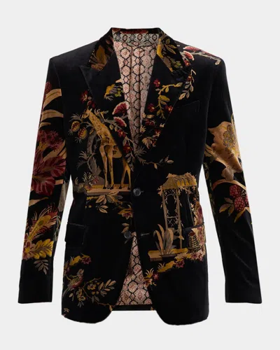 Etro Single-breasted Cotton Velvet Jacket With Placed Flower And Animal Print In Multi