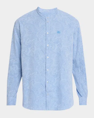Etro Men & Apos;s Guru Paisley Cotton Seersucker Band-collar Shirt In Blue