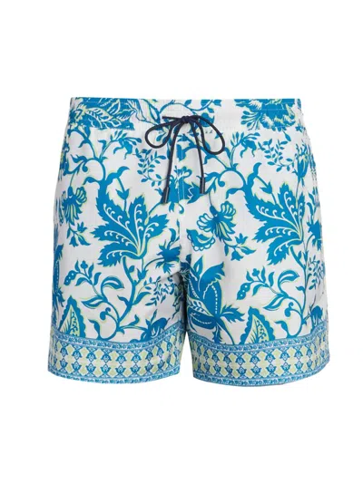 Etro Men's Aqua Print Swim Trunks In Blue