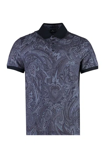 Etro Men's Black Short-sleeved Polo With Paisley Print In Blue