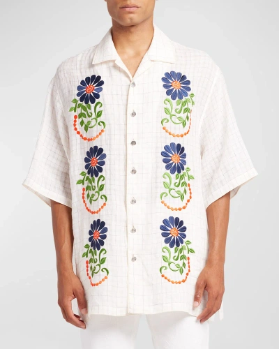 Etro Floral-embroidered Check Shirt In Bicolour
