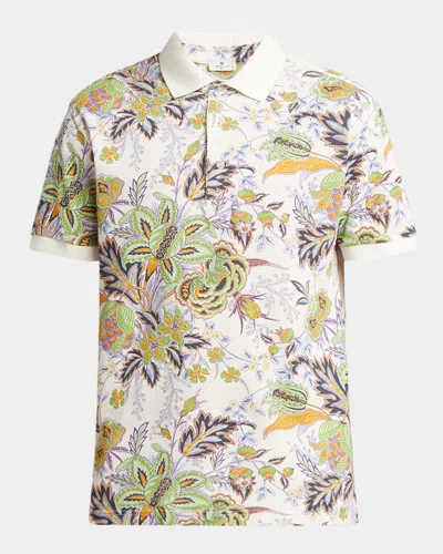 Etro Men's Floral Palm Paisley Polo Shirt In White