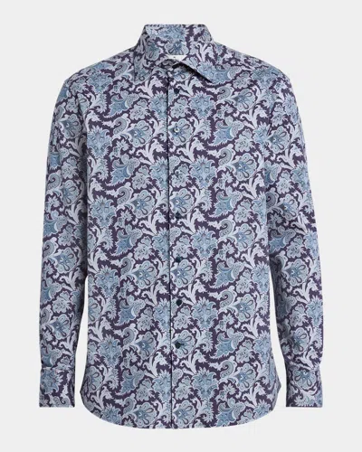 Etro Men's Floral Patterned Sport Shirt In Print On Blue Base