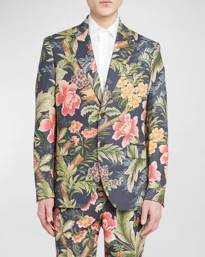 Etro Men's Floral Print Jacket In Print On Blue Base