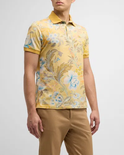 Etro Men's Floral-print Polo Shirt In Yellow