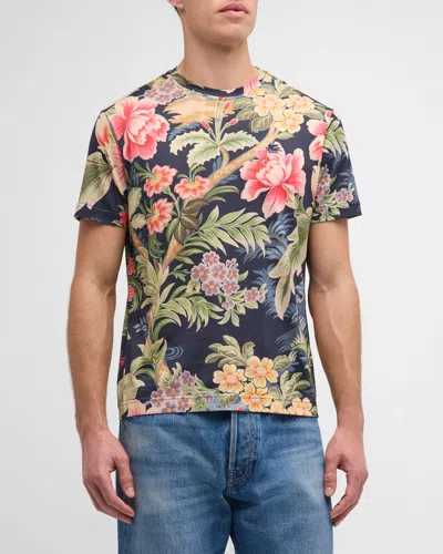 Etro Men's Floral-print T-shirt In Print On Blue Base