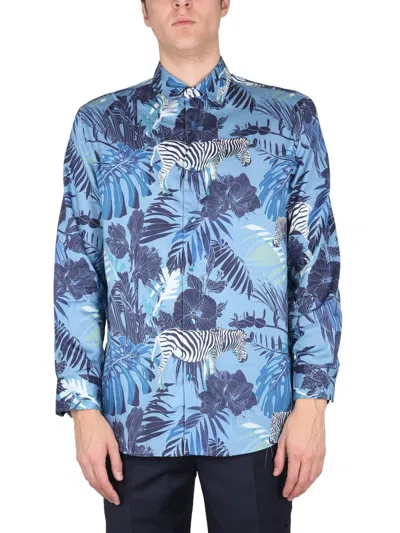 Etro Men Foliage And Zebra Print Shirt In Blue