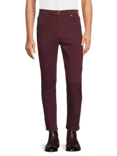 Etro Men's High Rise Embroidered Jeans In Bordeaux