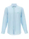 Etro Striped Linen Shirt With Embroidered Pegaso Logo In Blue