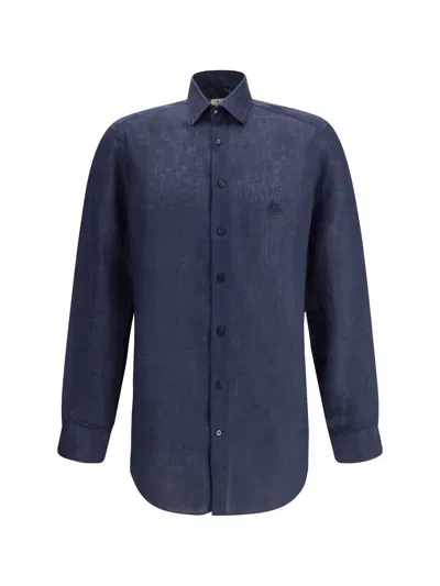 Etro Men Linen Shirt With Contrasting Pegaso Embroidery Logo In Blue