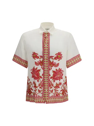 Etro Men Linen Shirt With Floral Print And Short Sleeves In White