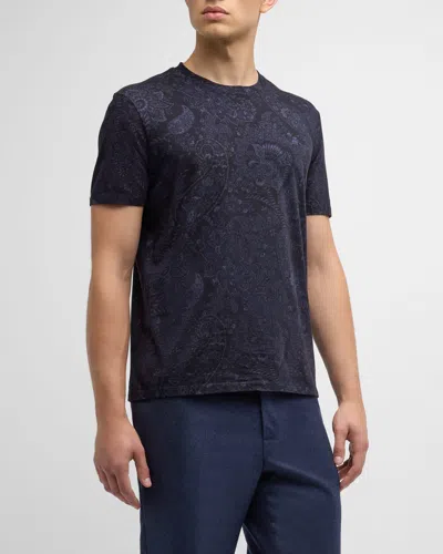 Etro Men's Paisley Cotton T-shirt In Print On Blue Base