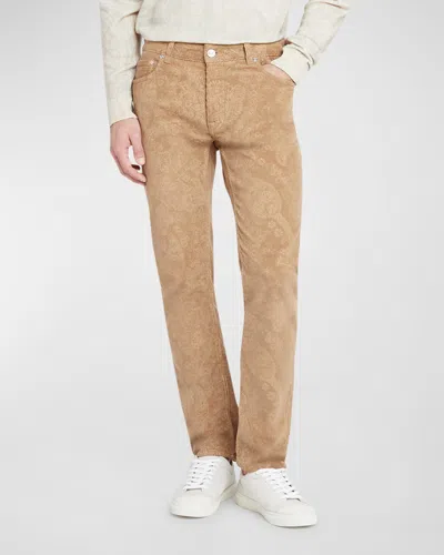 Etro Men's Paisley Print Denim Trousers In Multicol On Beige Ba