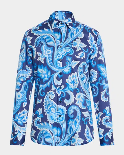 Etro Men's Paisley Sport Shirt In Print On Blue Base 2