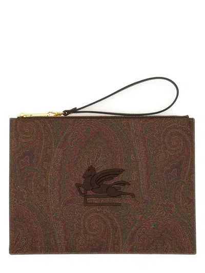 Etro Men Pouch Paisley Jacquard Medium In Brown