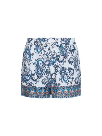 Etro Men Powder Blue Paisley Ramage-printed Swim Shorts In White