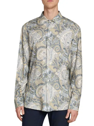 Etro Men's Roma Checkered Paisley Shirt In Gray