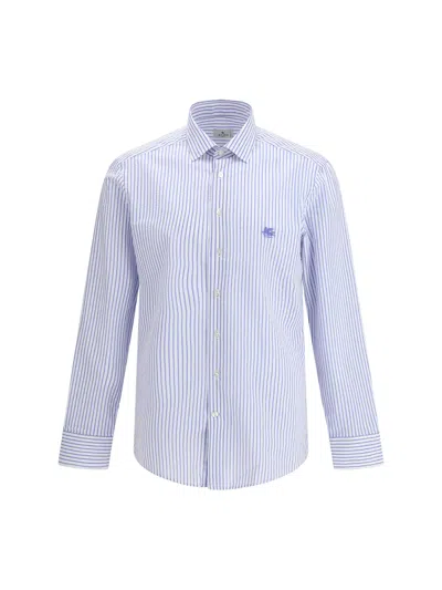 Etro Men Striped Cotton Shirt With An Embroidered Pegaso Logo On The Chest In Blue