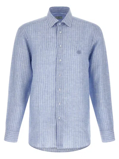Etro Men Striped Cotton Shirt With An Embroidered Pegaso Logo On The Chest In Blue