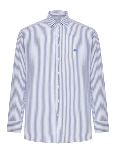 Etro Men Striped Seersucker Cotton Shirt In Blue