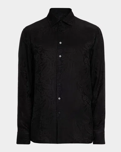 Etro Men's Tonal Paisley Viscose And Silk Sport Shirt In Black