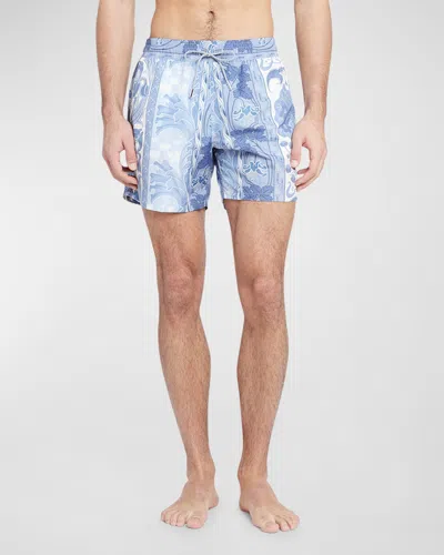 Etro Men's Vertical Print Swim Shorts In Print On White Base