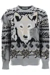 ETRO MEN'S WOOL JACQUARD JUMPER IN GREY WITH WOLF EMBELLISHMENT AND GEOMETRIC PATTERNS