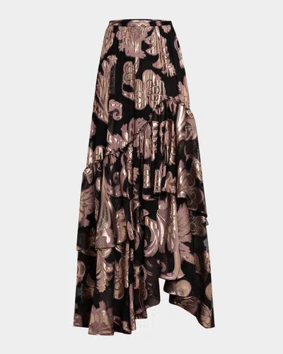 Etro Metallic Floral Tiered Ruffle Maxi Skirt In Black