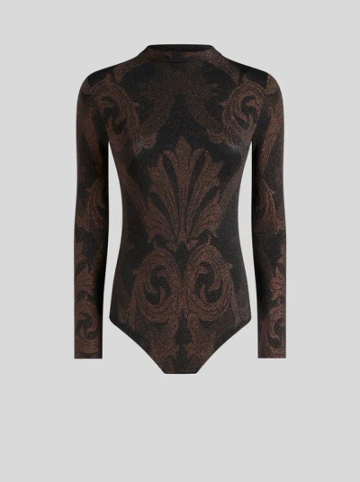 ETRO , METALLIC JACQUARD BODYSUIT, WOMAN, DARK BROWN, SIZE XS