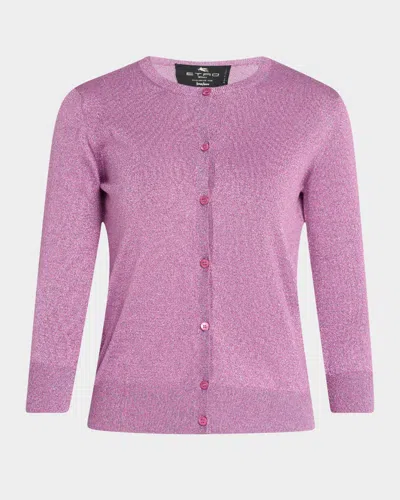 Etro Metallic Knit Crewneck Cardigan In Dark Pink 2
