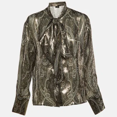Pre-owned Etro Metallic Lame Neck Tie Detail Top L In Silver