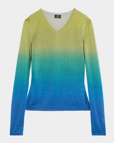 Etro Metallic Ombre Knit V-neck Sweater In Multi
