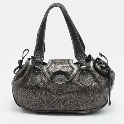 Pre-owned Etro Metallic Paisley Embossed Leather Drawstring Hobo In Silver