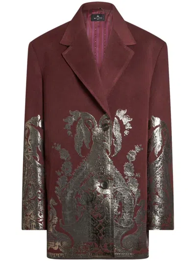 Etro , Metallic-print Coat, Woman, Burgundy, Size 46 In Red
