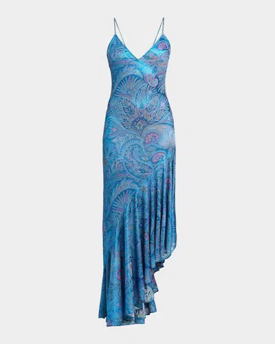 Etro Metallic Paisley Jersey Asymmetric Ruffle Midi Dress In Blue